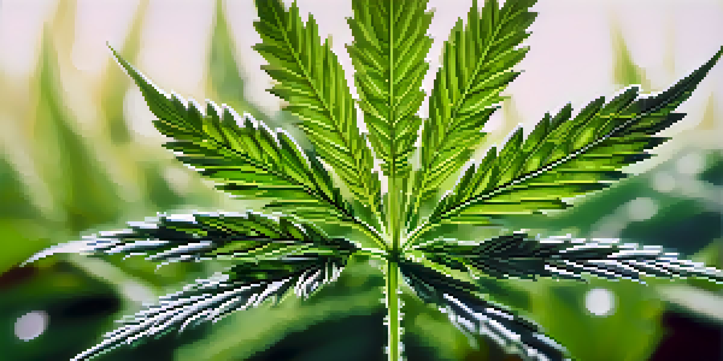 A detailed close-up of a green cannabis leaf with dewdrops, set against a softly blurred background.