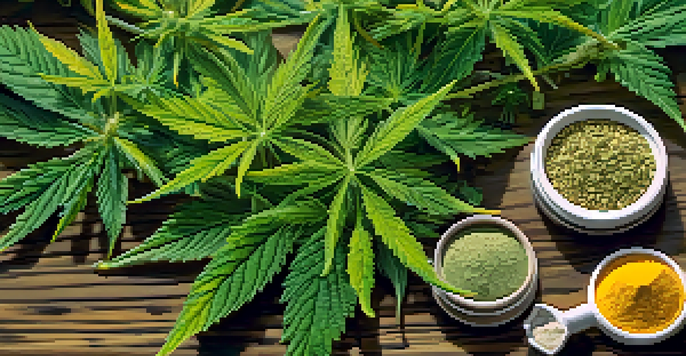 A close-up of a cannabis plant with green leaves and glistening trichomes, alongside turmeric, ashwagandha, and ginseng on a wooden table, illuminated by soft natural light.