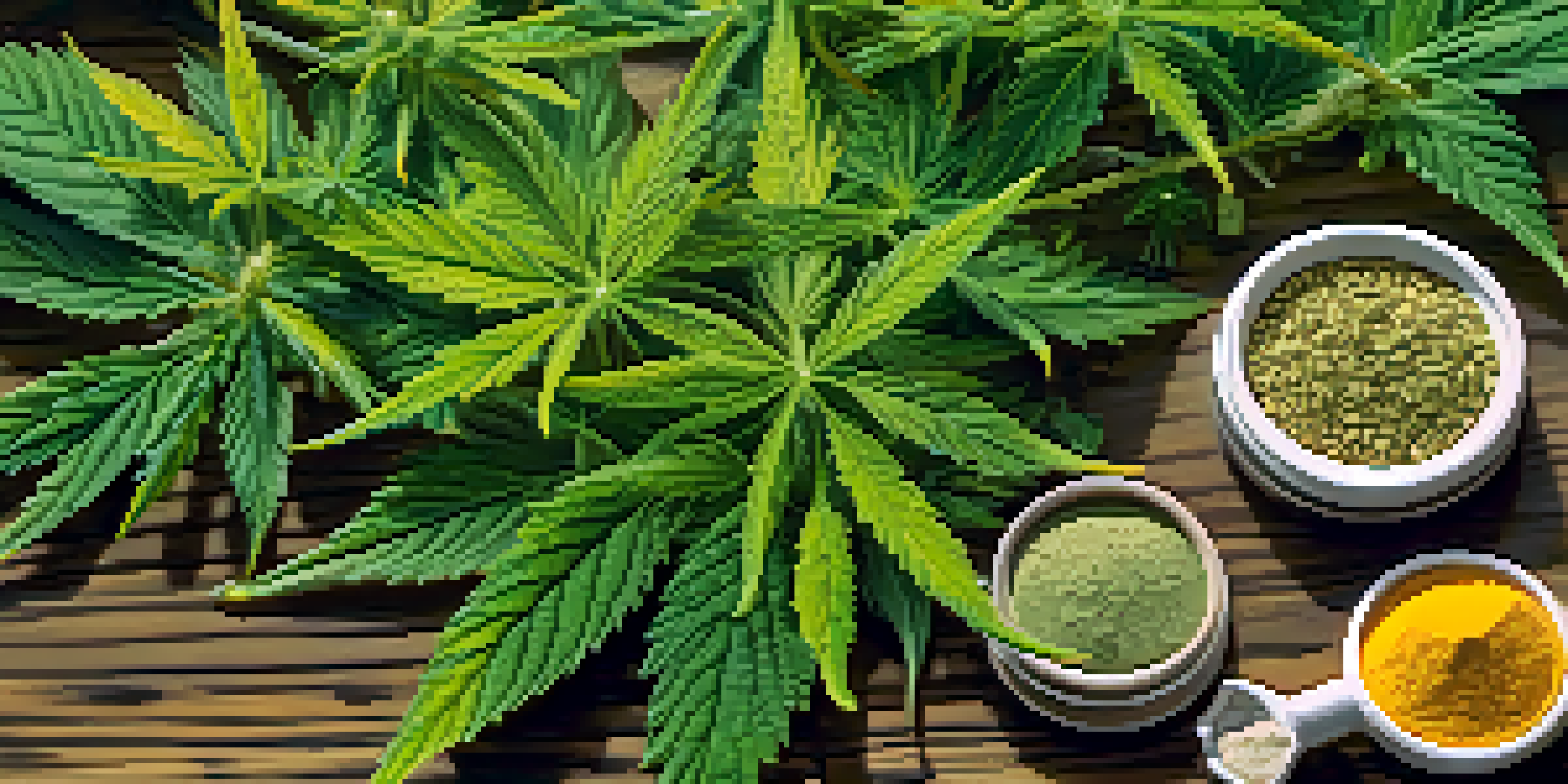 A close-up of a cannabis plant with green leaves and glistening trichomes, alongside turmeric, ashwagandha, and ginseng on a wooden table, illuminated by soft natural light.