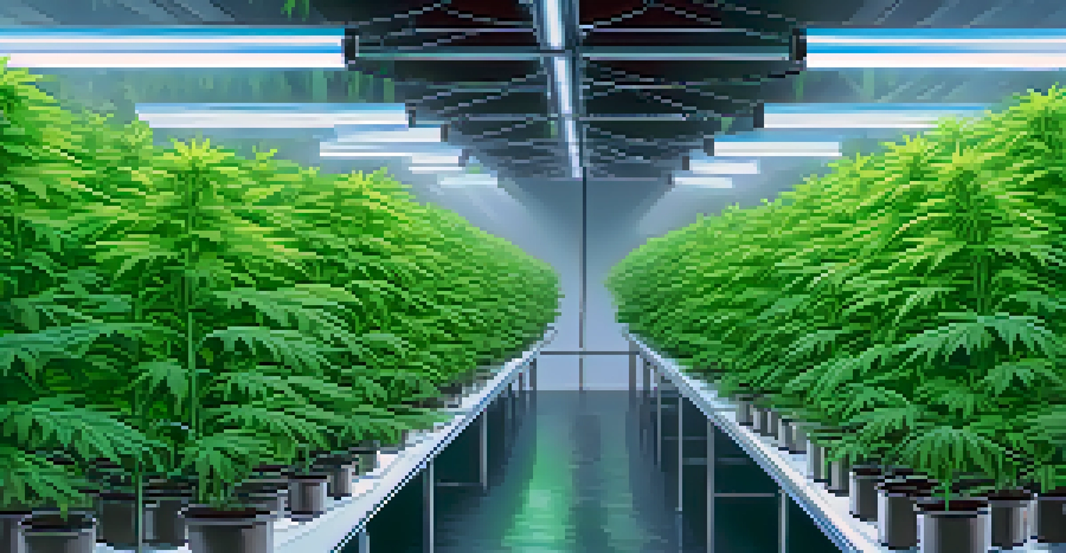 An indoor marijuana cultivation setup with green plants illuminated by LED lights, showcasing a hydroponic system.