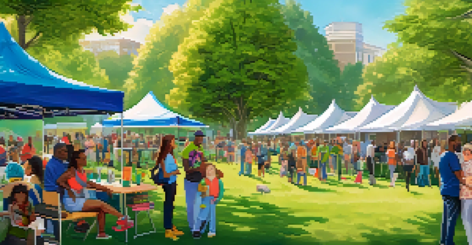 A community health fair in a park, featuring tents for cannabis education, with diverse attendees interacting with health professionals under a sunny sky.