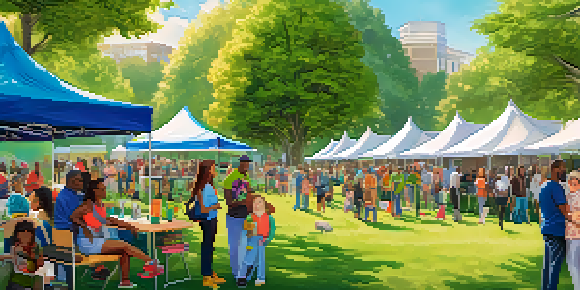 A community health fair in a park, featuring tents for cannabis education, with diverse attendees interacting with health professionals under a sunny sky.