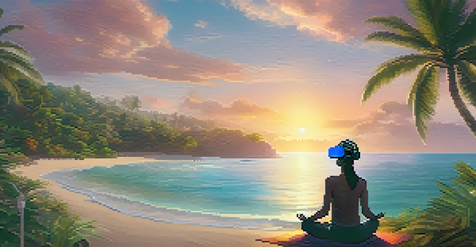 A person meditating on a peaceful beach while wearing a VR headset, with the sunset casting warm hues over the tranquil ocean.