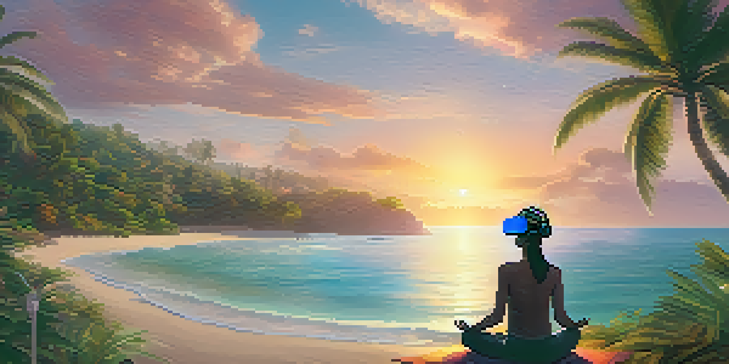 A person meditating on a peaceful beach while wearing a VR headset, with the sunset casting warm hues over the tranquil ocean.