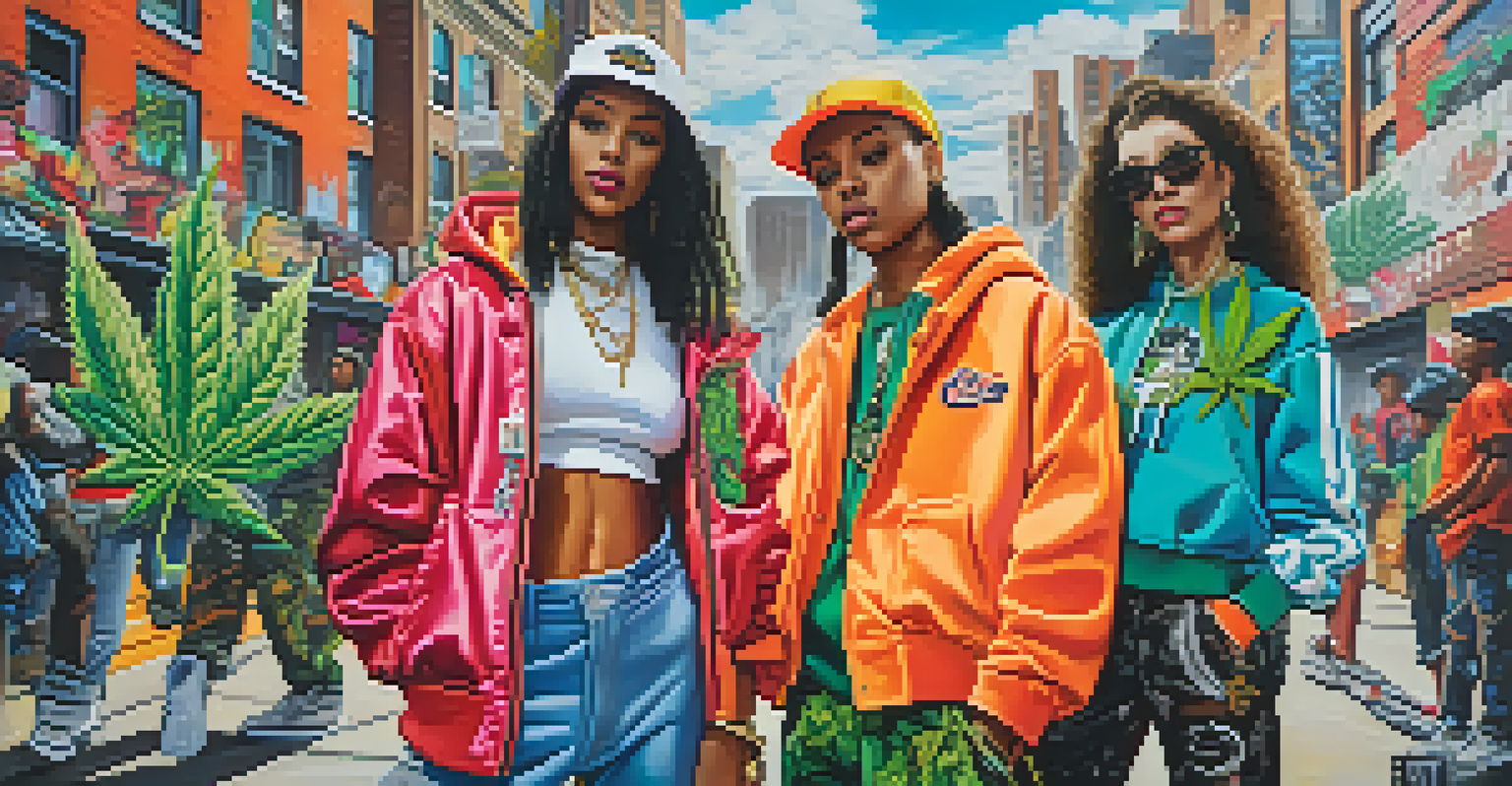 Models showcasing cannabis-themed streetwear against a colorful urban backdrop, reflecting the fusion of hip-hop fashion and cannabis culture.