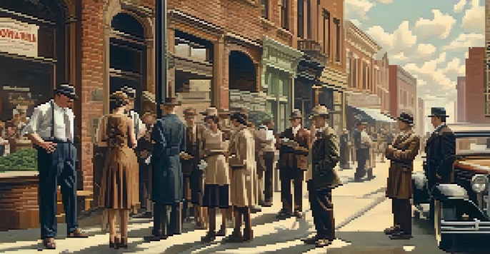A vintage street scene from the 1920s showing people discussing marijuana with old newspaper headlines in the background.