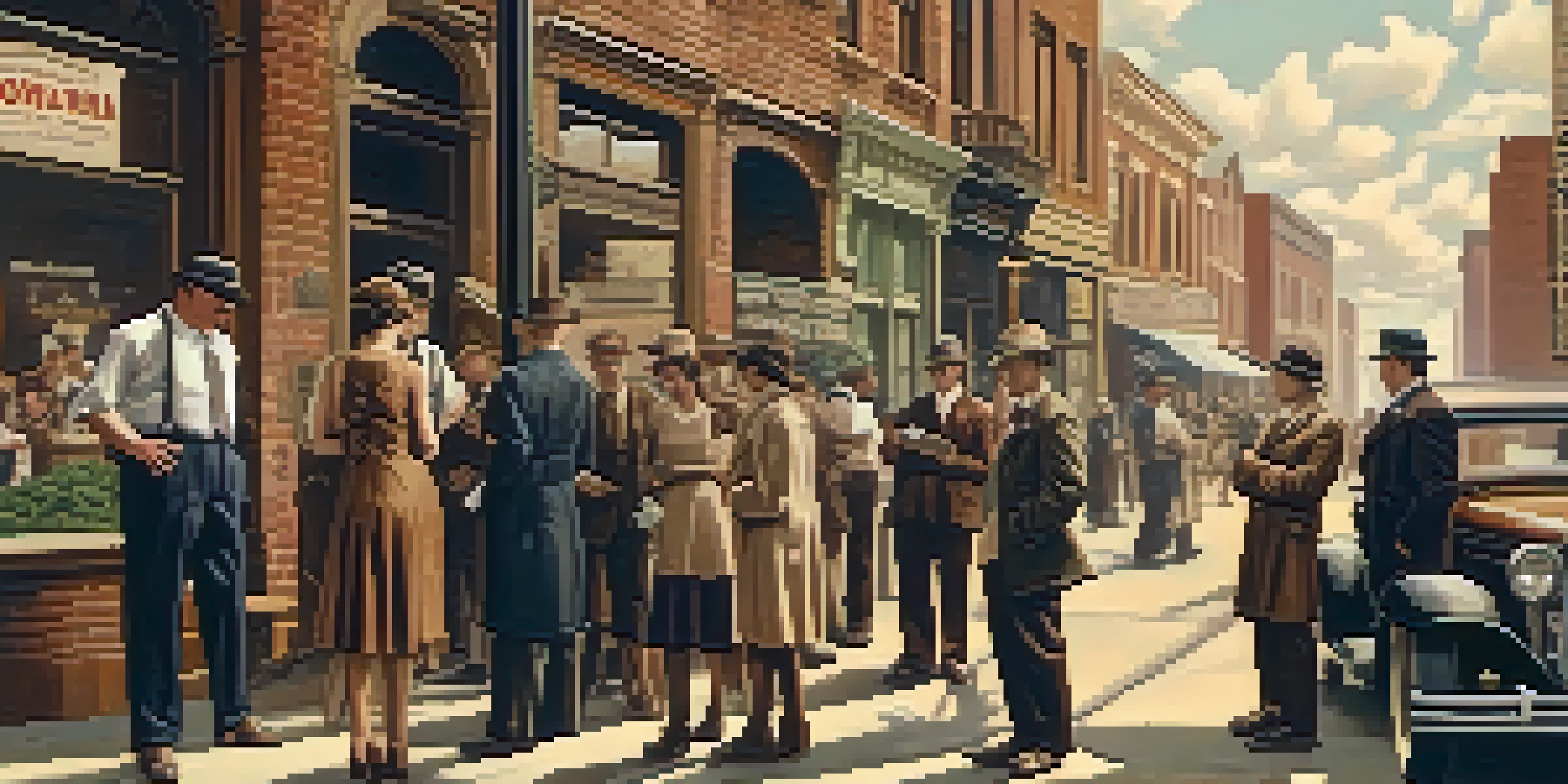 A vintage street scene from the 1920s showing people discussing marijuana with old newspaper headlines in the background.