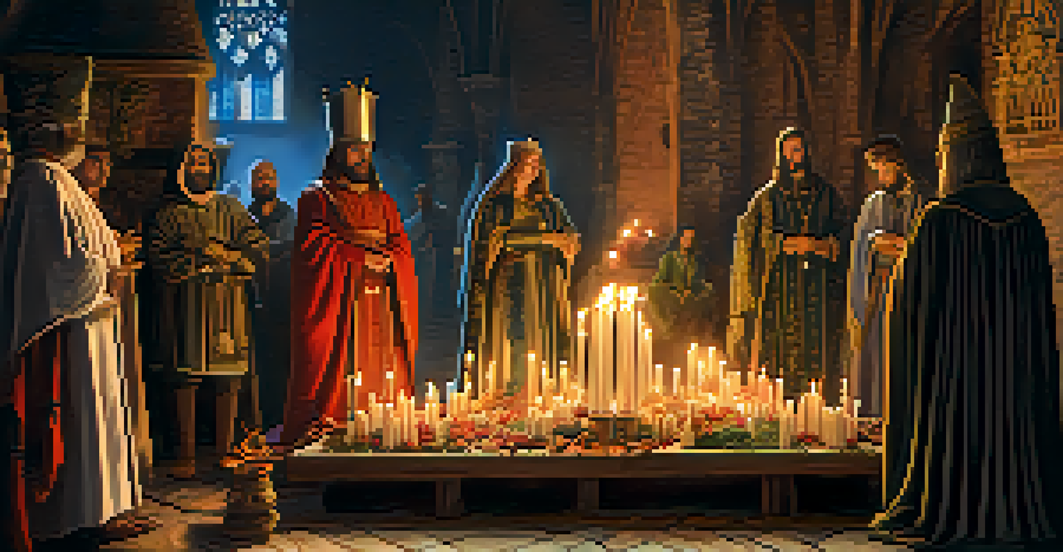 A medieval religious ceremony featuring participants using cannabis in a ritual, surrounded by candles and colorful fabrics, illuminated by soft light.