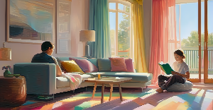 A parent reading a book on a couch while a child plays with blocks on the floor in a sunlit living room.
