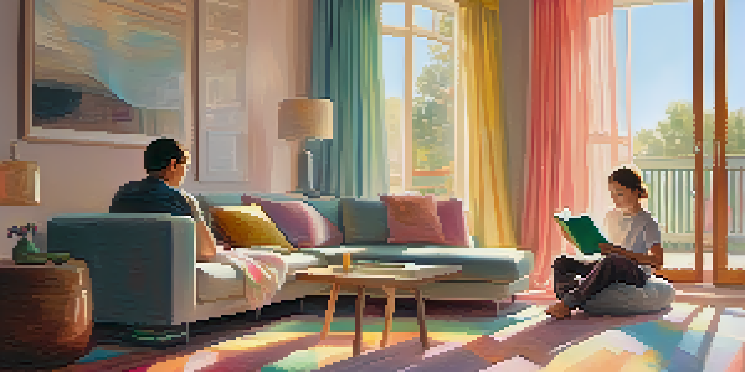 A parent reading a book on a couch while a child plays with blocks on the floor in a sunlit living room.