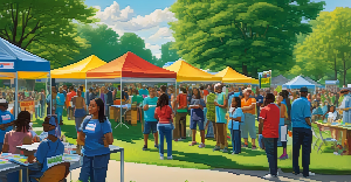 A lively park scene showing a diverse group of people discussing marijuana legalization, with colorful banners and educational booths.