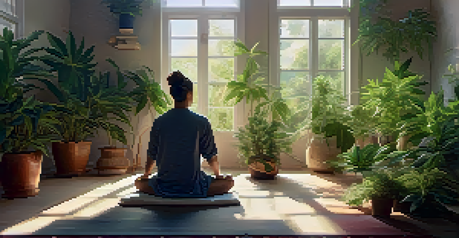 A person meditating in a room filled with plants, including cannabis, with soft sunlight filtering through a window.