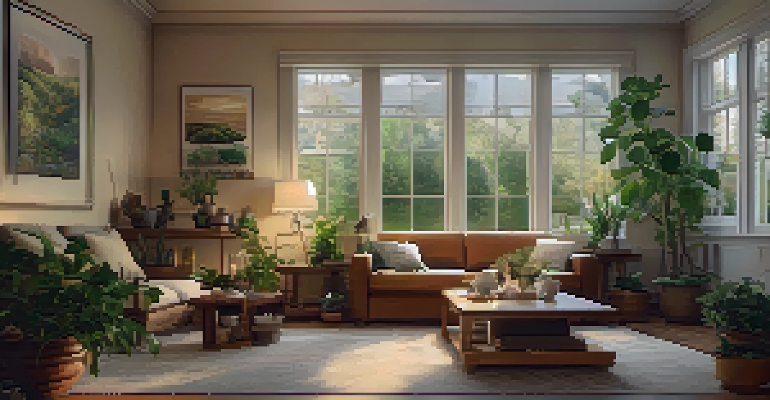 A person sitting on a couch with a cup of tea in a softly lit room filled with plants.