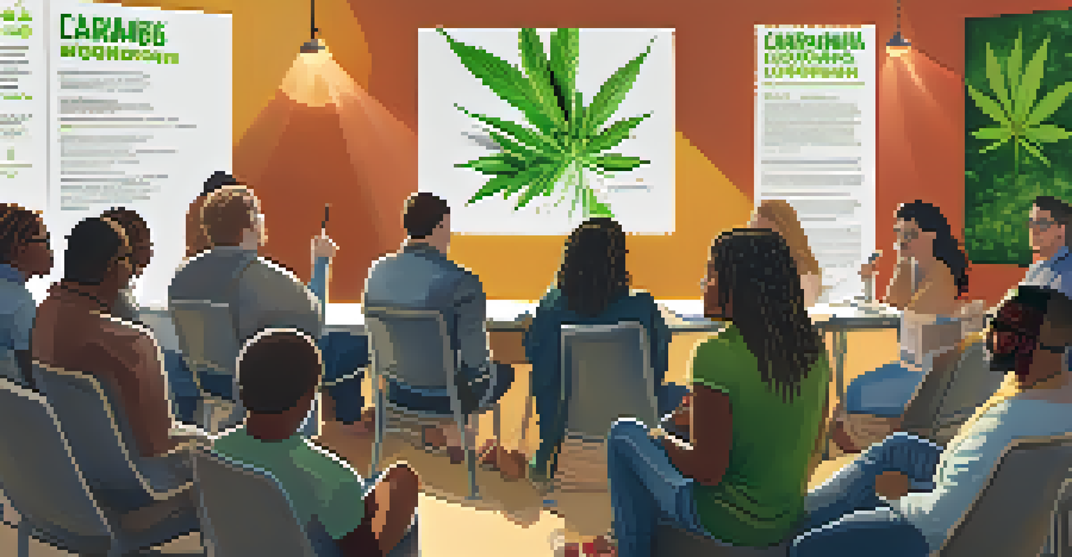 A community workshop on marijuana legalization with diverse attendees and a speaker, surrounded by educational posters.
