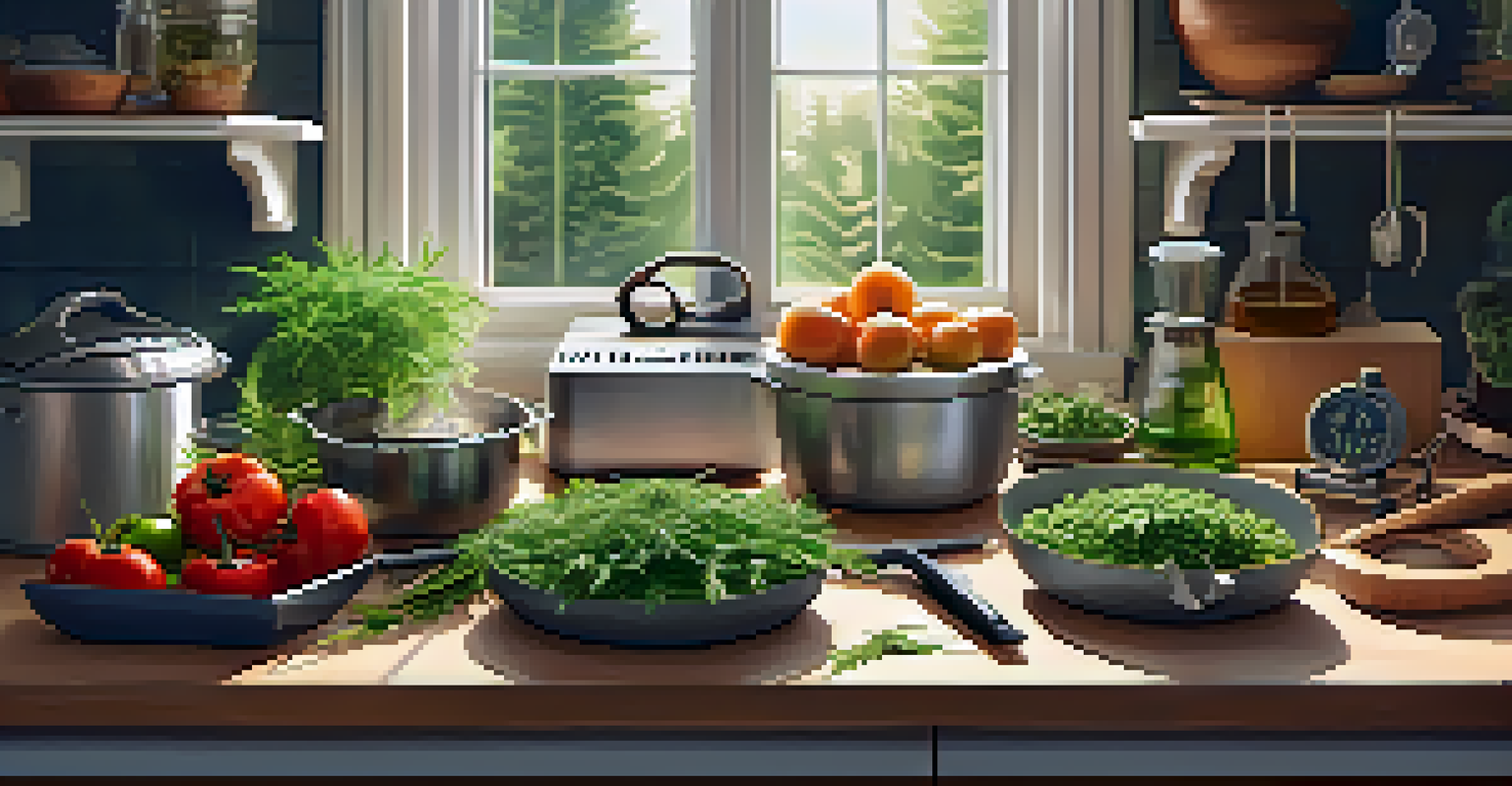 A well-organized kitchen countertop with cannabis cooking tools, fresh herbs, and vegetables, illuminated by soft natural light.