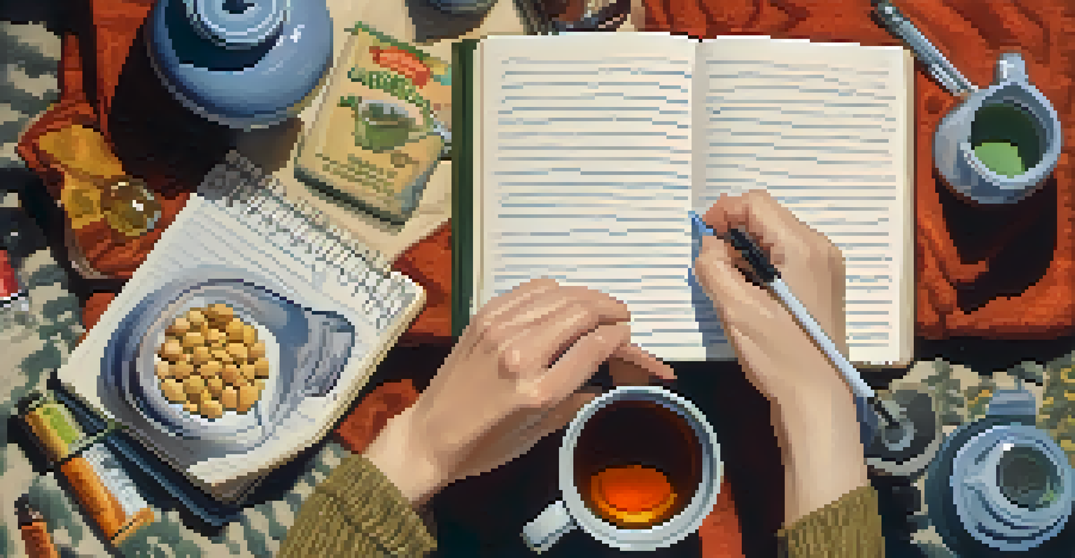 An overhead view of a person journaling about dietary supplements with an open notebook, pens, and supplement bottles on a cozy blanket, accompanied by a cup of tea.