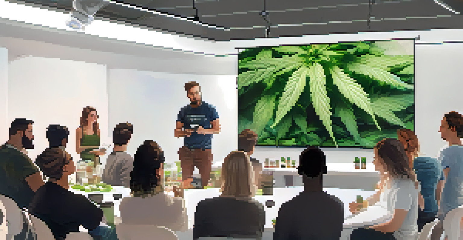 A diverse group of people attending a workshop about cannabis edibles, with an instructor and a projector displaying information.