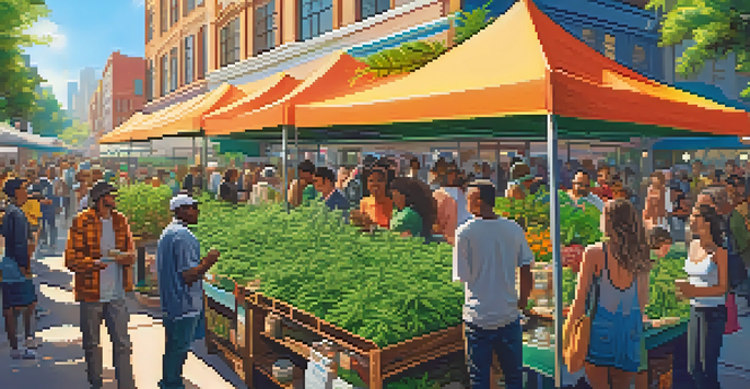 A lively outdoor cannabis market with various stalls and diverse people engaging in conversation under bright sunlight.