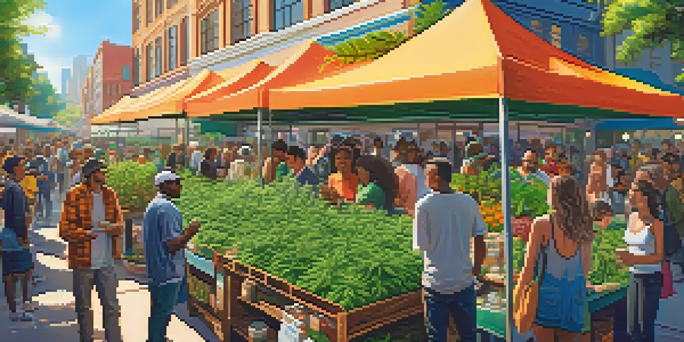 A lively outdoor cannabis market with various stalls and diverse people engaging in conversation under bright sunlight.