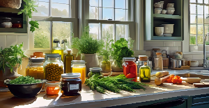 A kitchen countertop with fresh ingredients like herbs and vegetables, alongside jars of infused oils, illuminated by soft morning light.