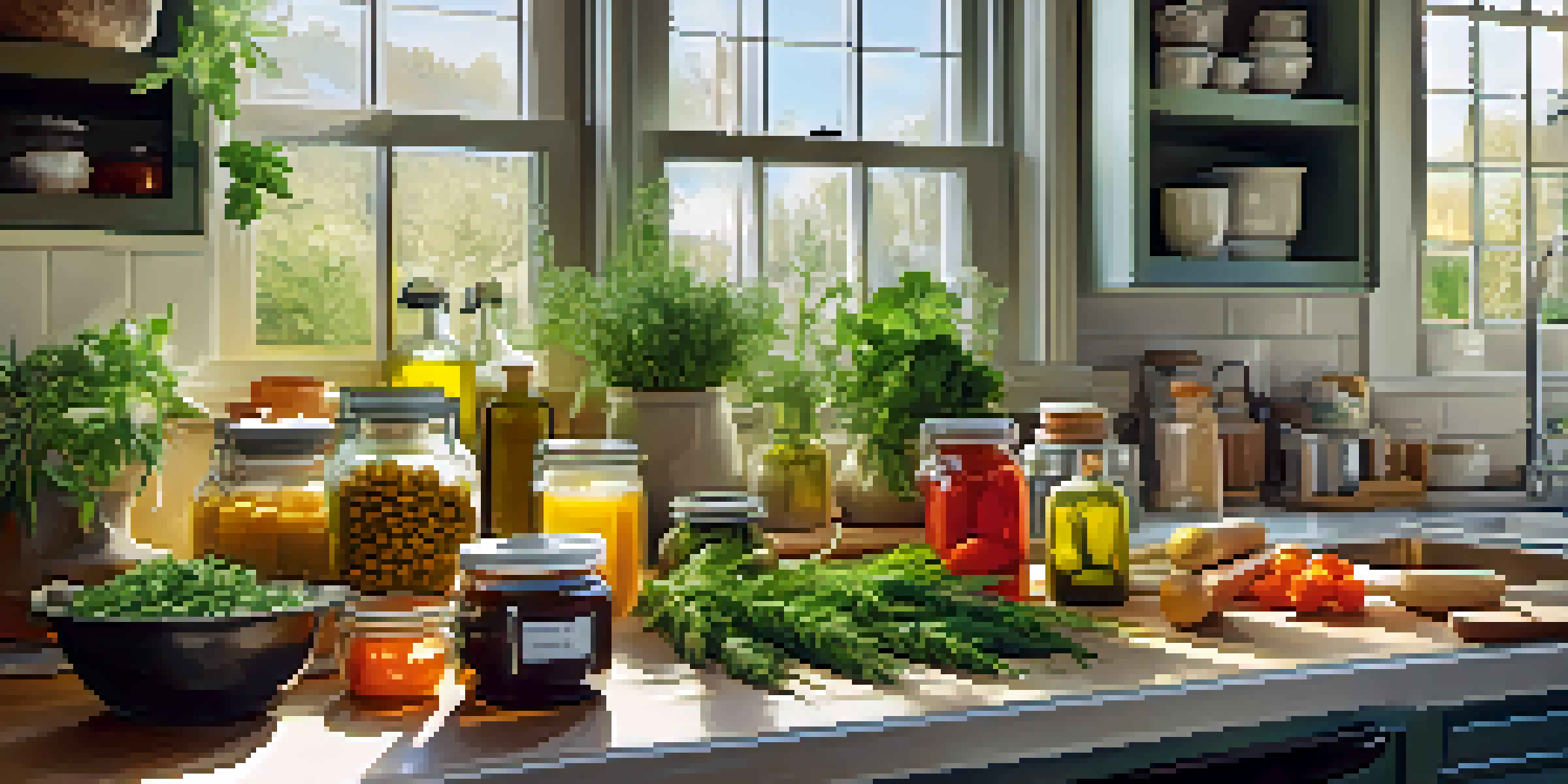 A kitchen countertop with fresh ingredients like herbs and vegetables, alongside jars of infused oils, illuminated by soft morning light.