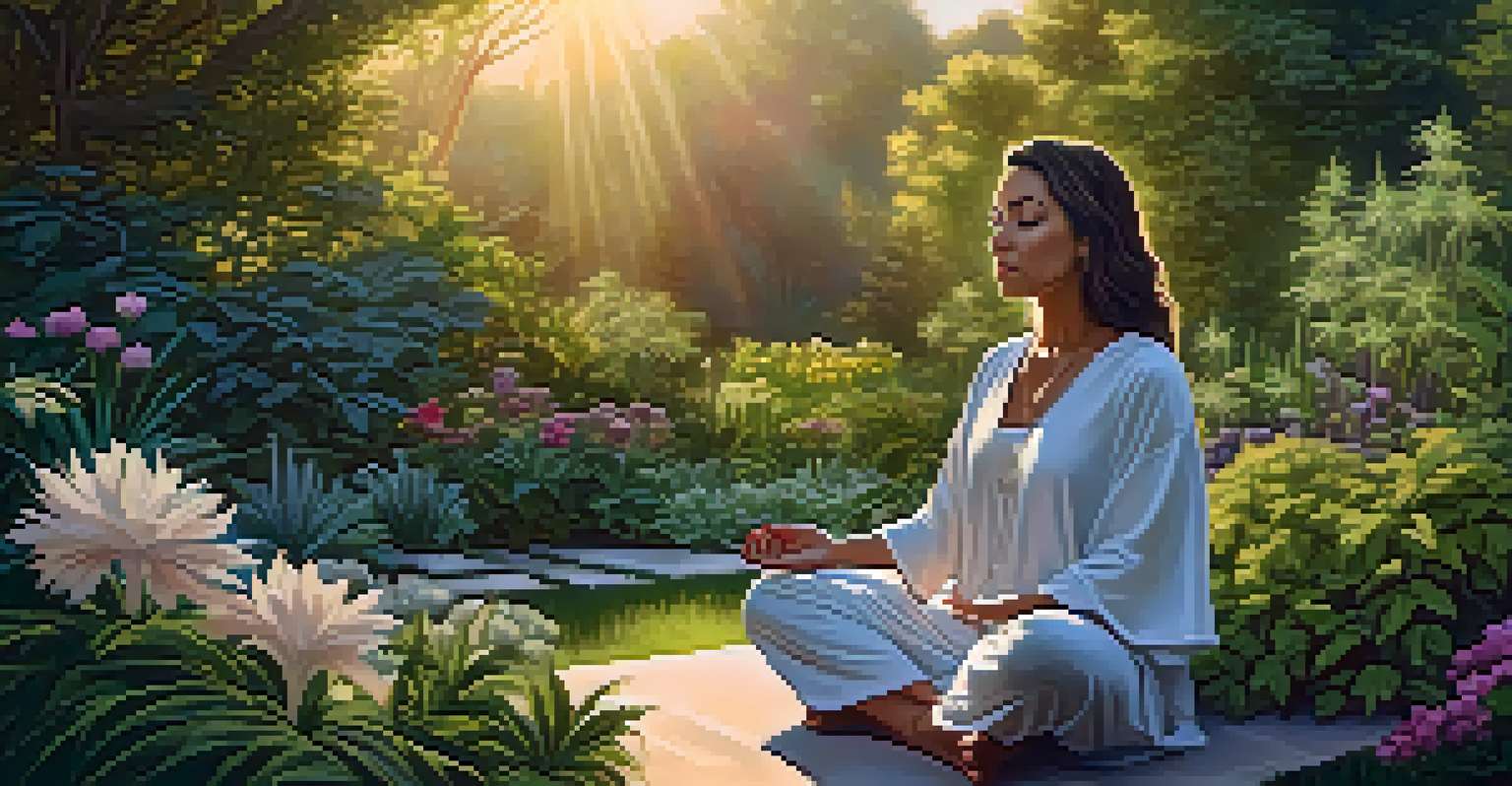 A woman meditating in a lush garden at sunset, surrounded by flowers and cannabis plants, exuding peace and wellness.