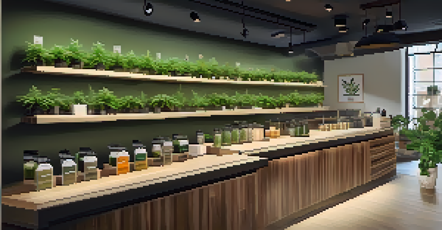 A modern cannabis dispensary interior with wooden shelves and warm lighting, featuring a staff member helping a customer.