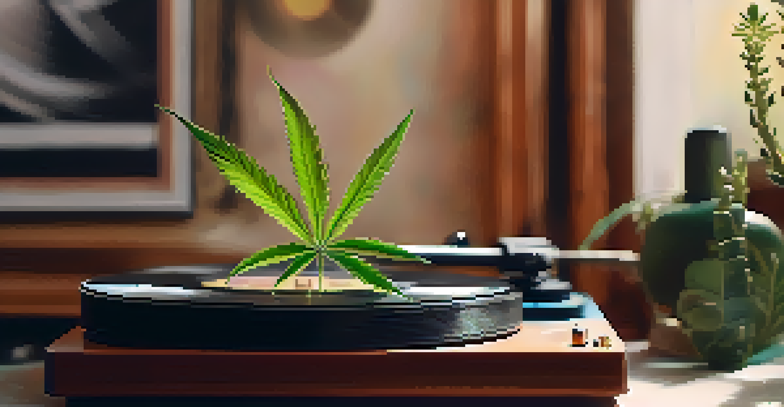 A close-up of a cannabis leaf beside a vintage record player, with warm lighting and colorful music notes in the background.