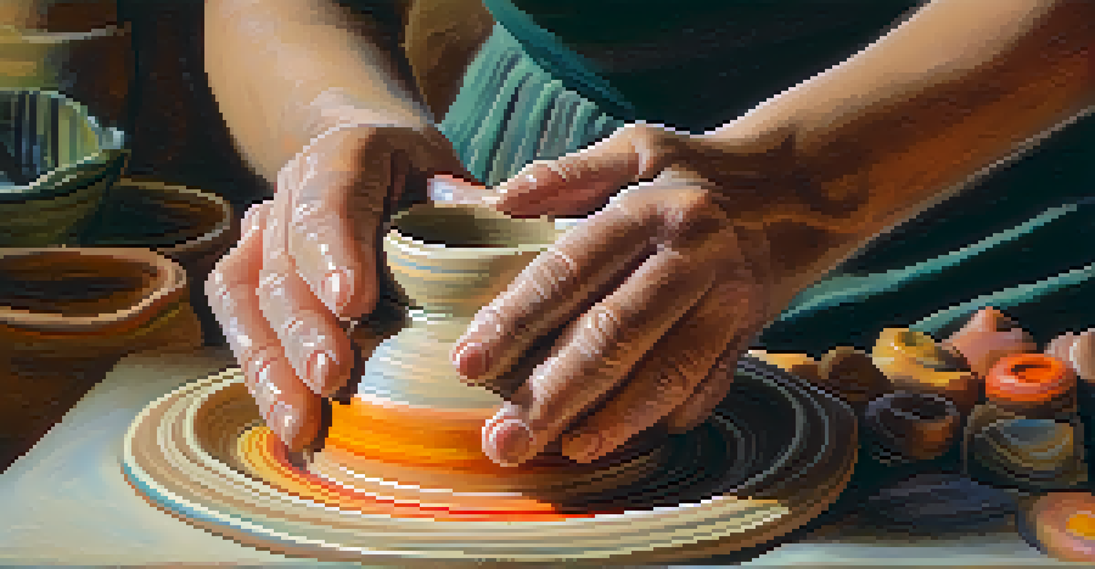 Close-up of hands molding colorful clay on a potter's wheel, with soft light highlighting the textures.