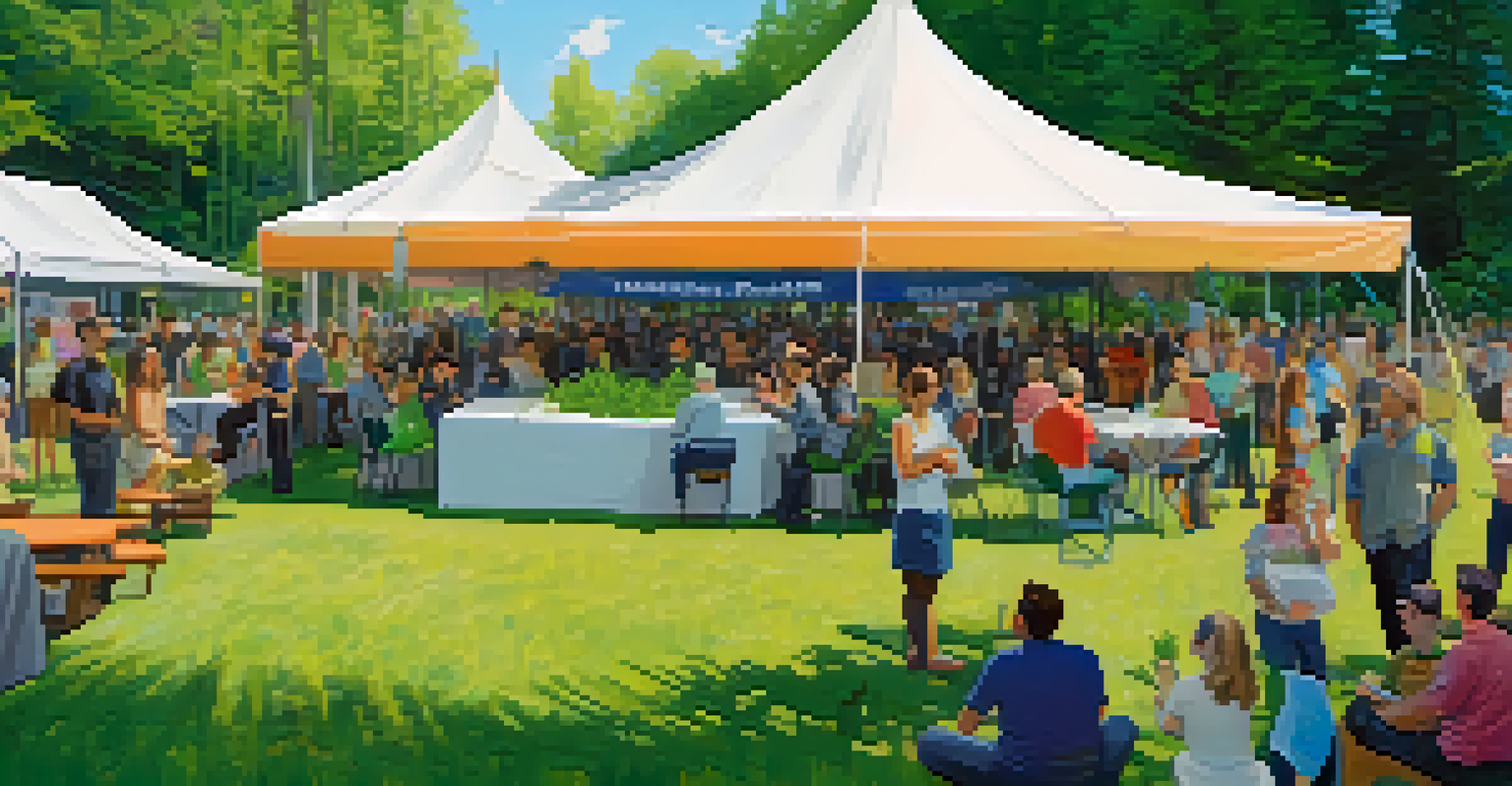 Scientists engaging with the public at an outdoor event about marijuana research, surrounded by colorful tents and informational displays.