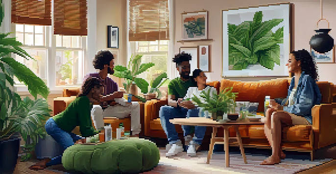 A diverse group of people enjoying cannabis products in a cozy living room.