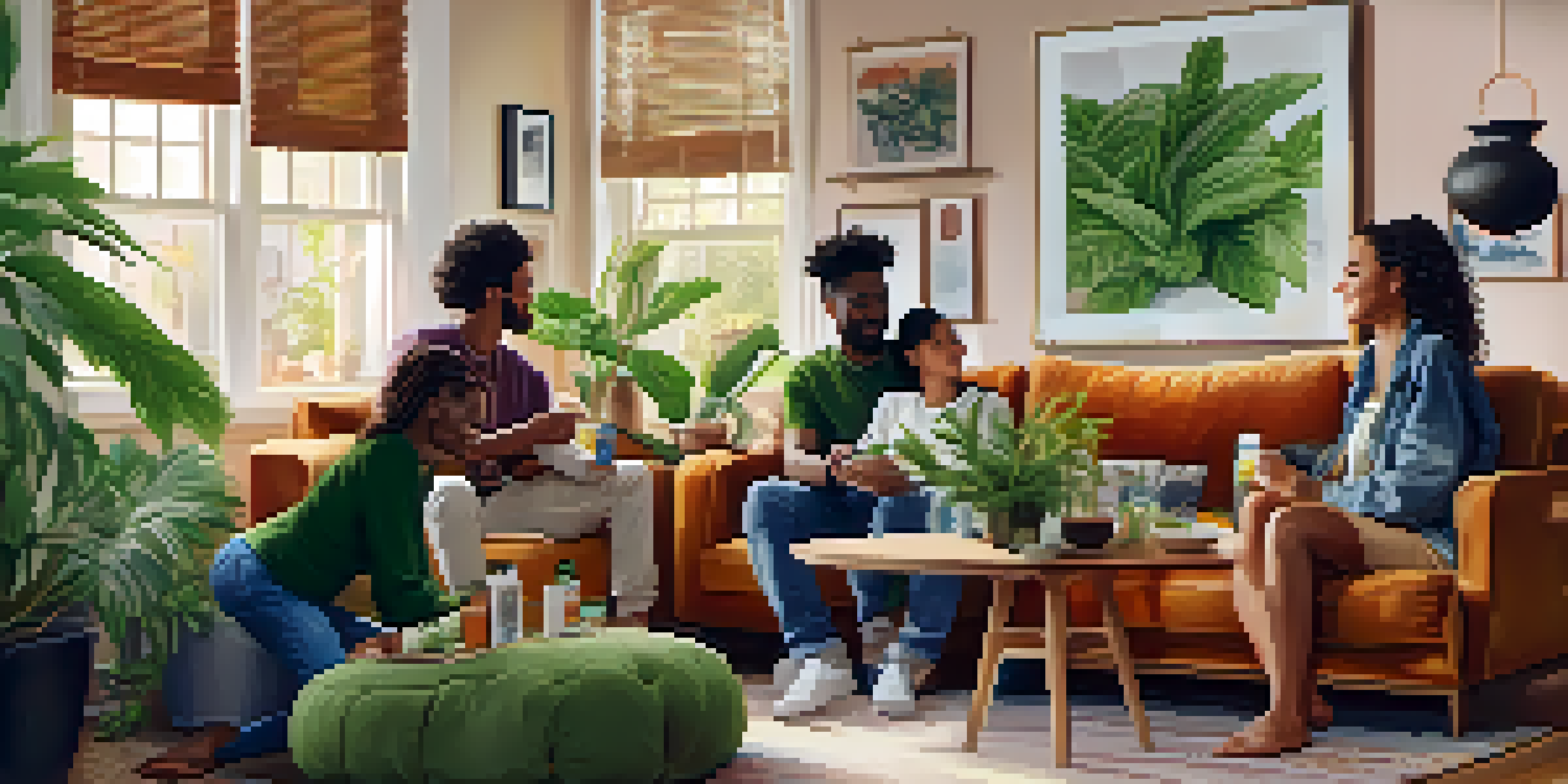 A diverse group of people enjoying cannabis products in a cozy living room.