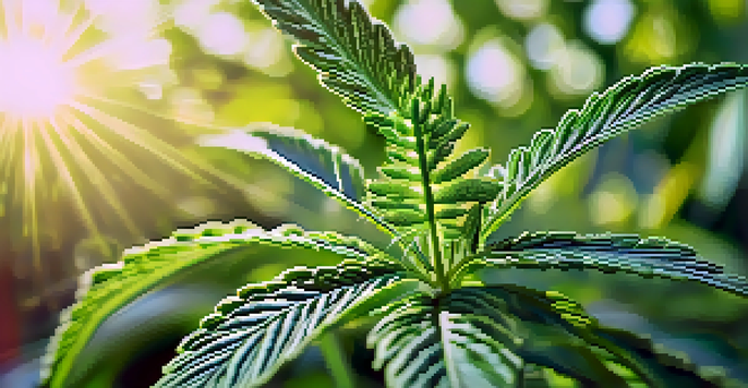 A detailed close-up of a cannabis plant with green leaves and trichomes in a garden.