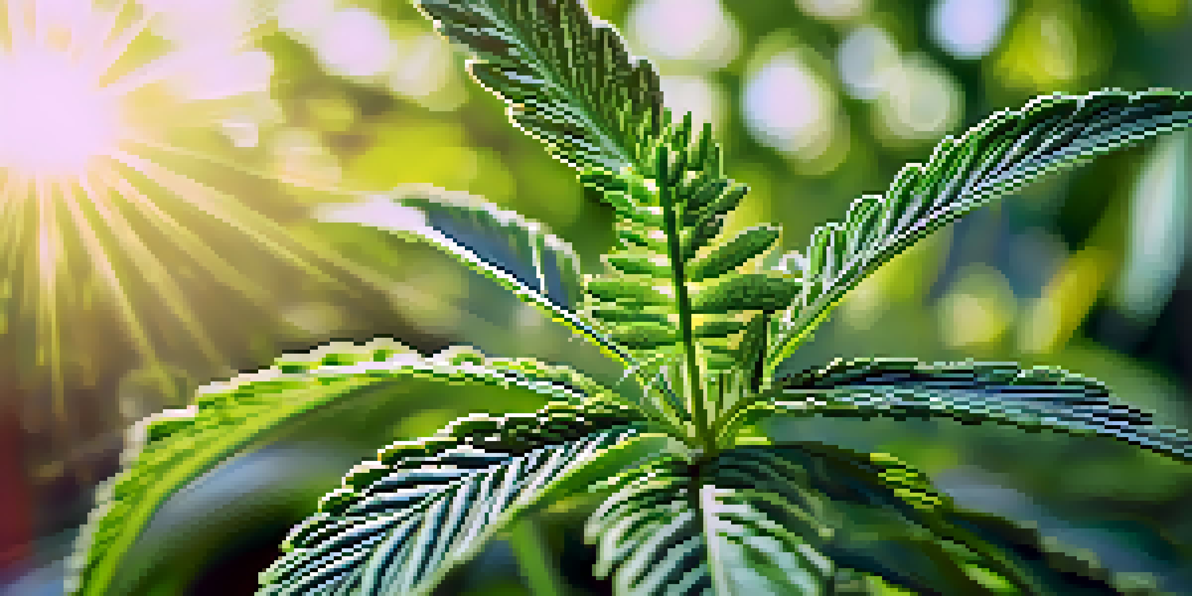 A detailed close-up of a cannabis plant with green leaves and trichomes in a garden.