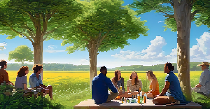 A diverse group of people discussing cannabis in a sunny field with wildflowers, surrounded by various cannabis products on a table.
