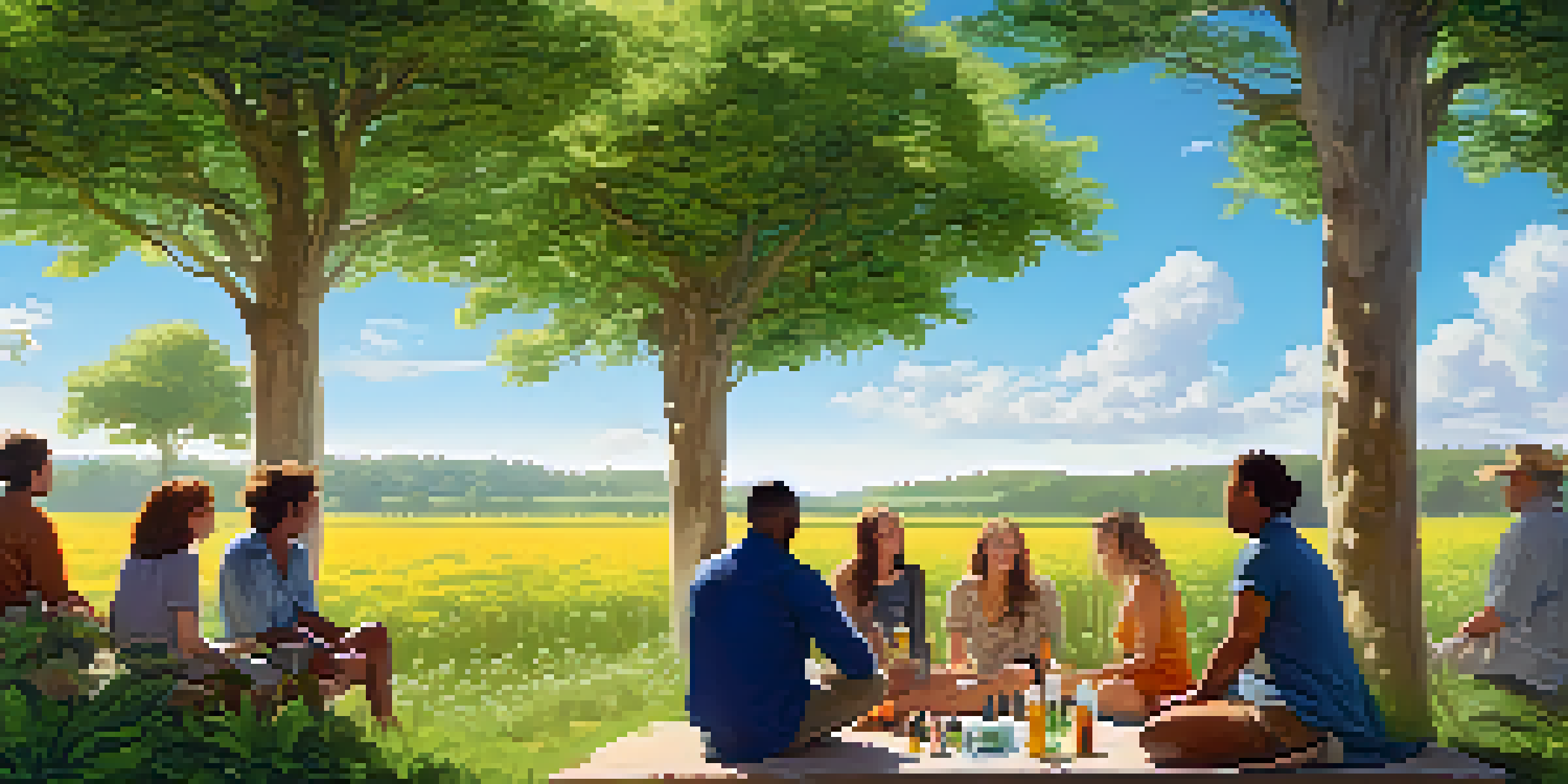 A diverse group of people discussing cannabis in a sunny field with wildflowers, surrounded by various cannabis products on a table.