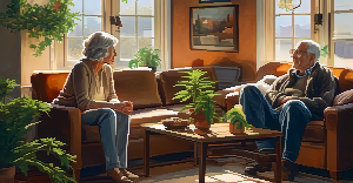 An older couple in a cozy living room, talking with a cannabis plant on the table, sunlight illuminating the scene.