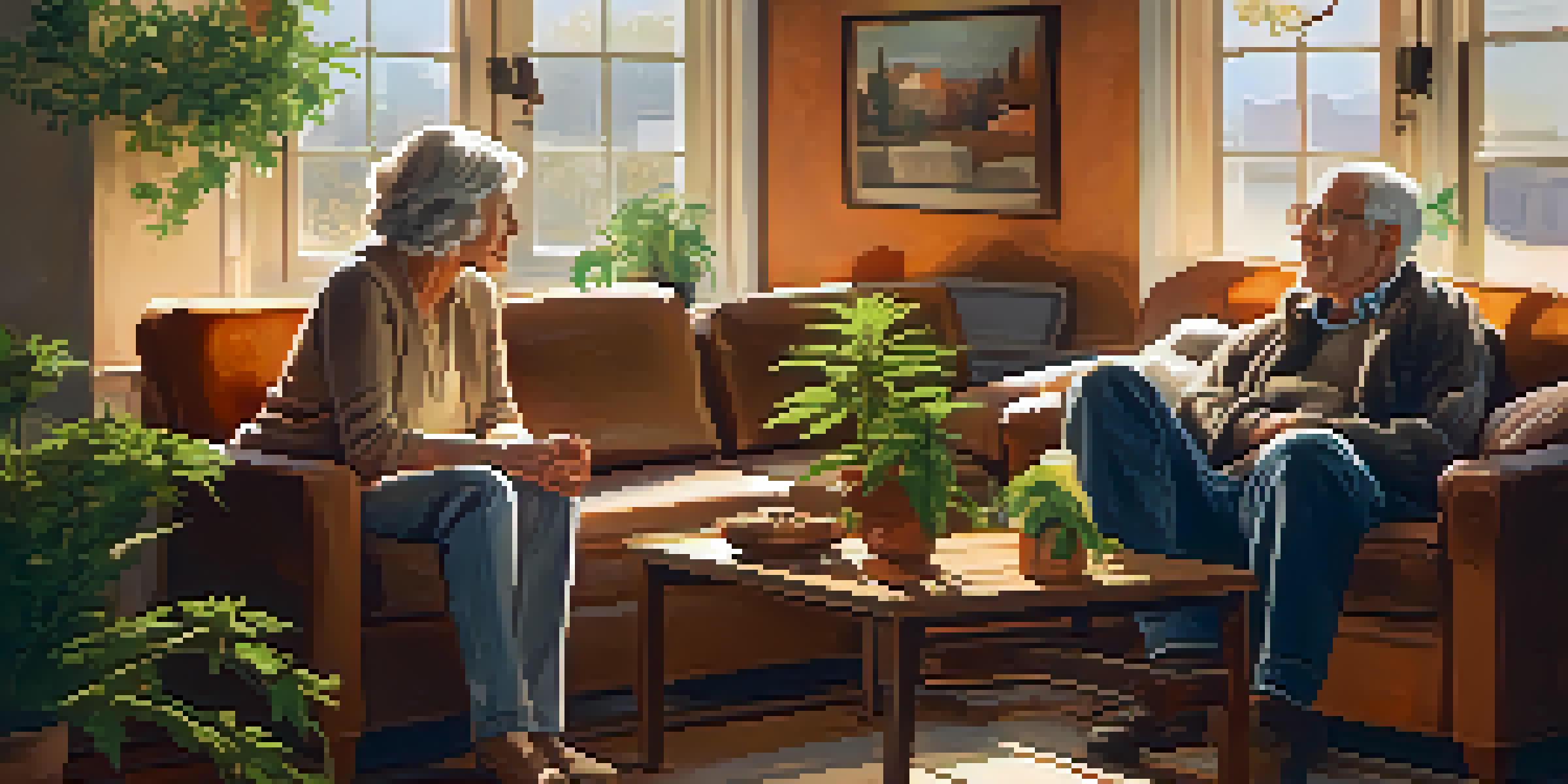 An older couple in a cozy living room, talking with a cannabis plant on the table, sunlight illuminating the scene.