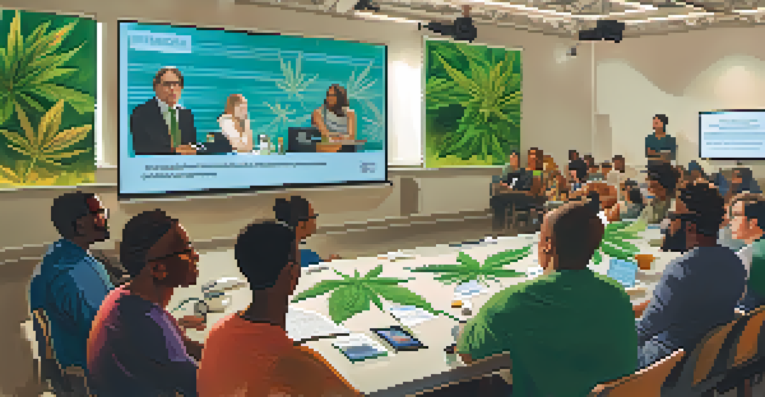 A diverse group of people attending an educational workshop about marijuana research, with a speaker and projector displaying slides.