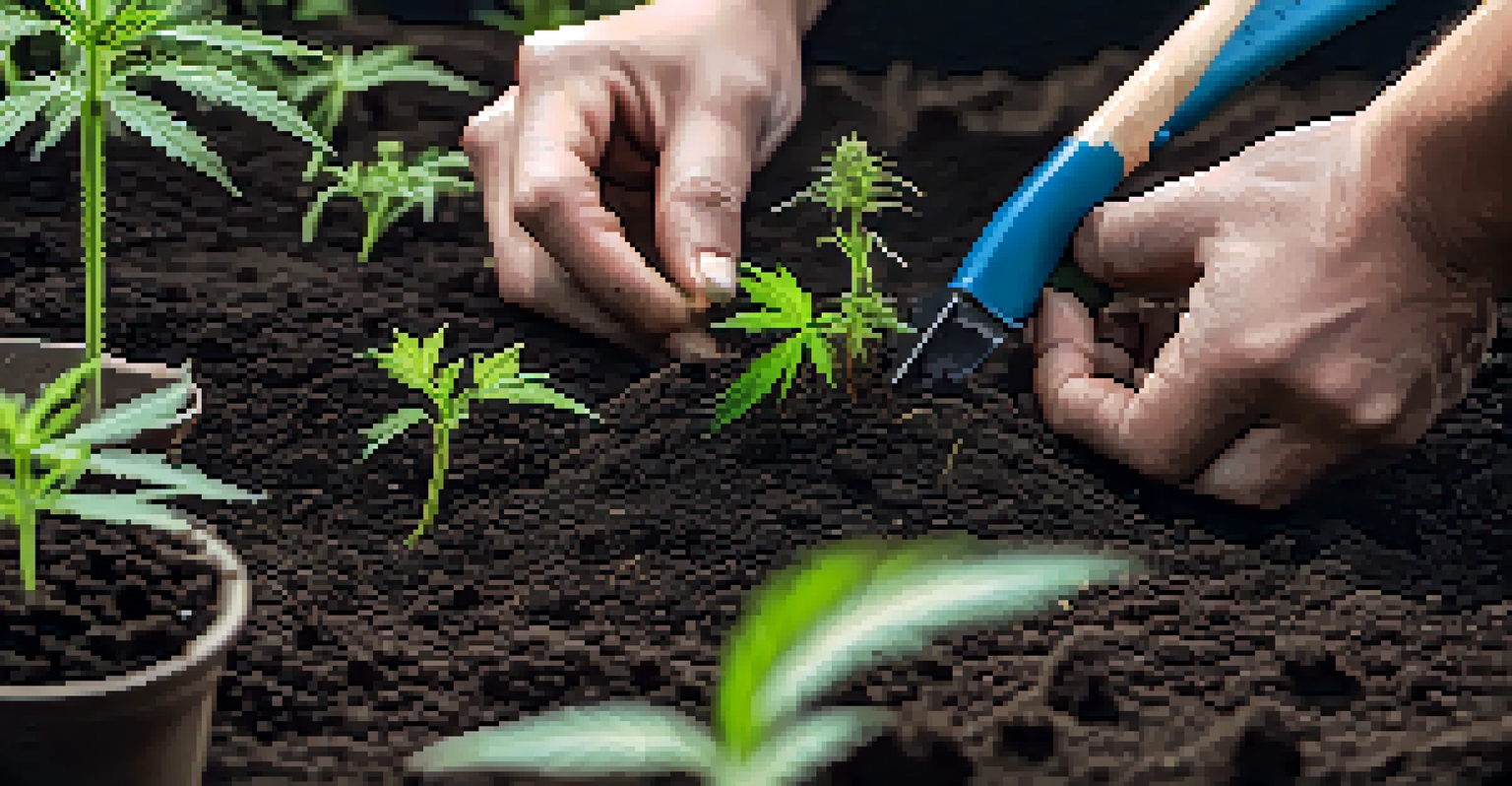A close-up of hands planting a young cannabis seedling in soil, with gardening tools visible in the background.