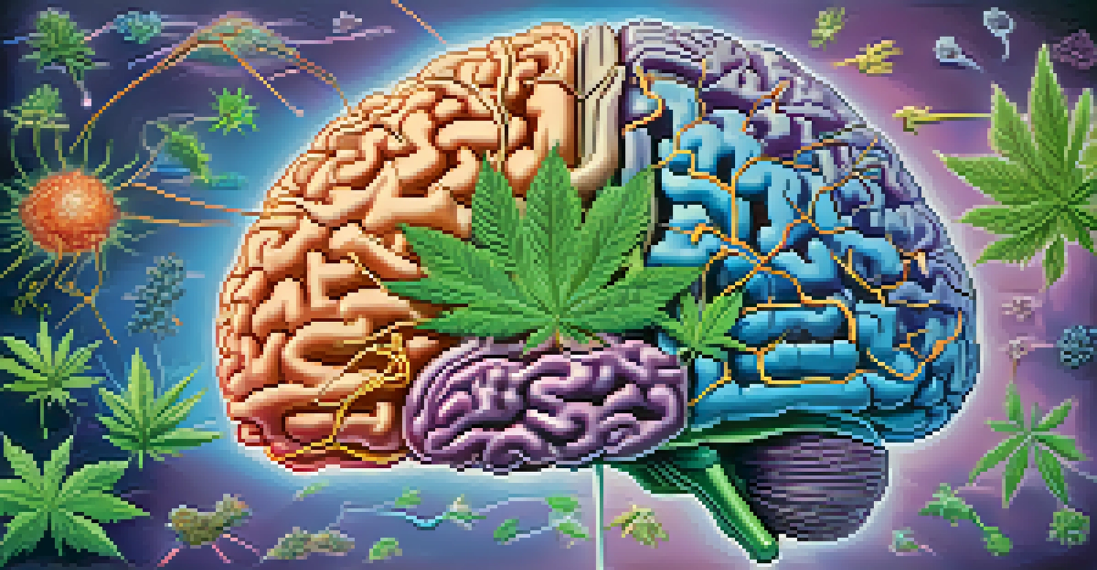 An illustration of the brain showing cannabinoids interacting with neurons in vibrant colors.