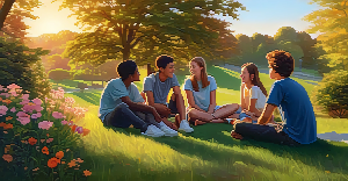 A group of teenagers sitting on a grassy hill in a park during sunset, engaged in conversation and laughter.
