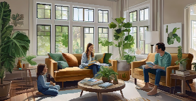 A cozy living room with a family discussing health topics, surrounded by natural light and plants.