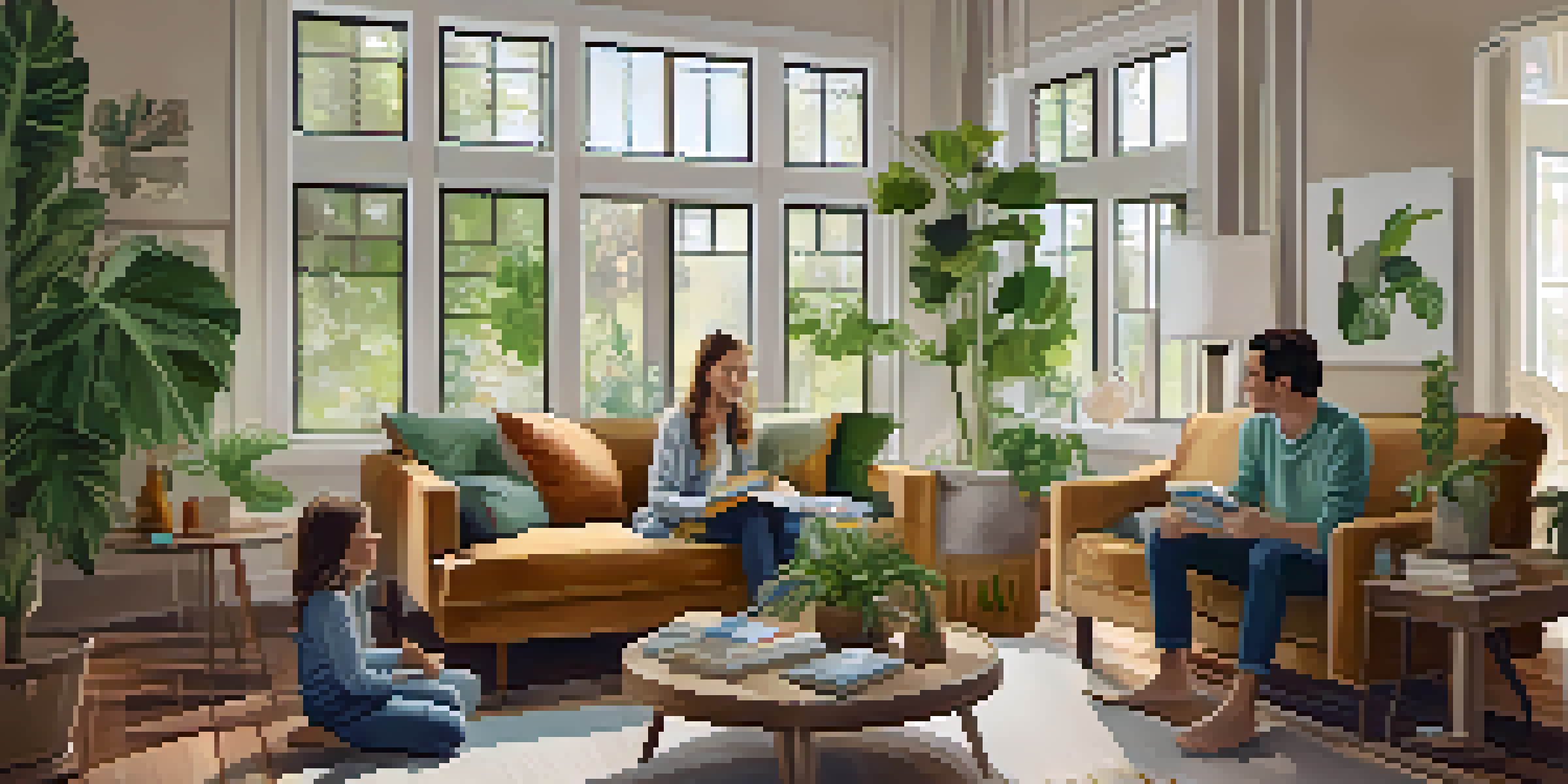 A cozy living room with a family discussing health topics, surrounded by natural light and plants.