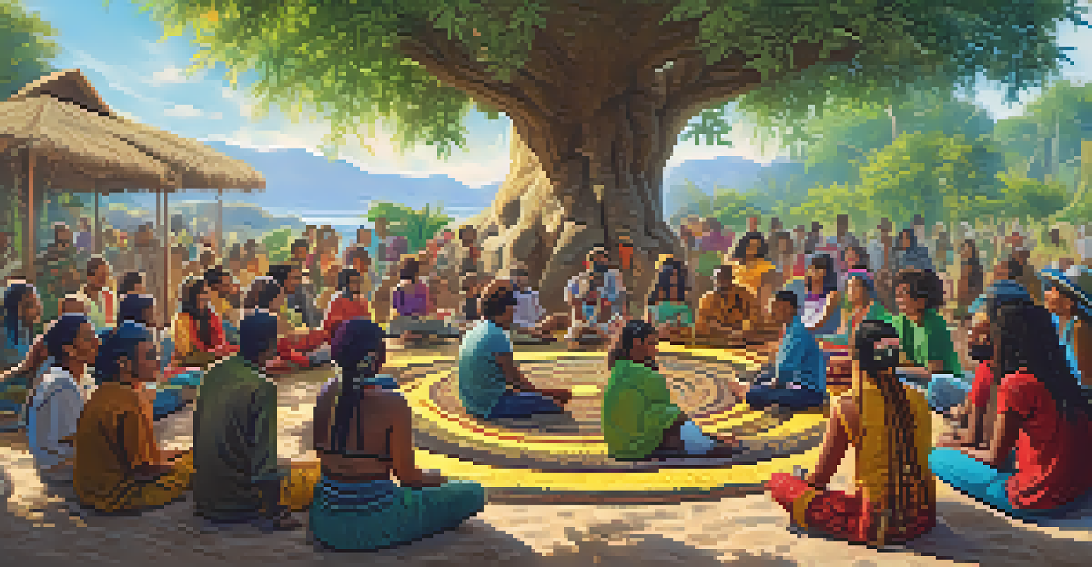 A joyful community gathering under a large tree, where people share cannabis in a circle, surrounded by colorful decorations.