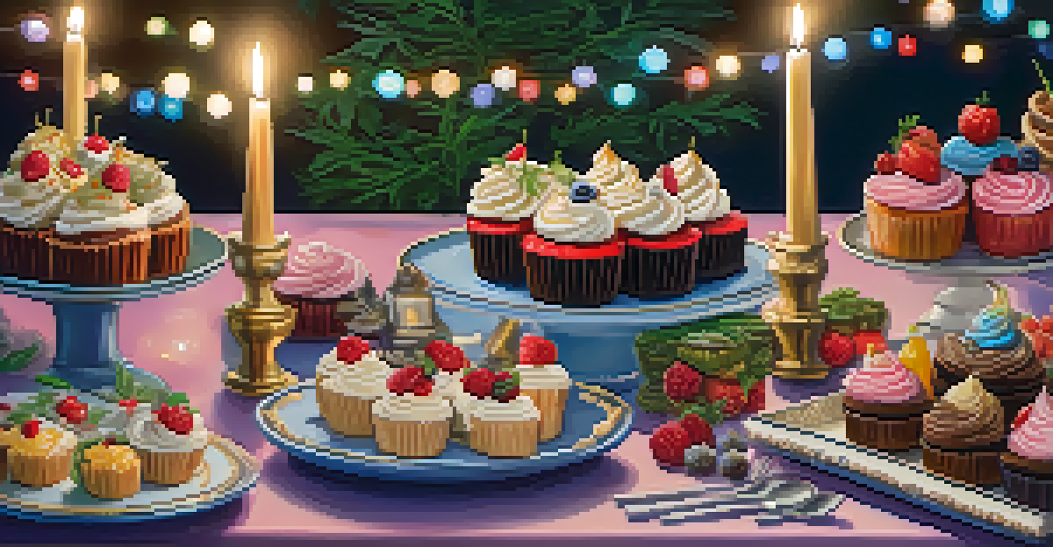 A festive table with assorted marijuana-infused desserts including cupcakes, brownies, and a fruit tart, illuminated by fairy lights.