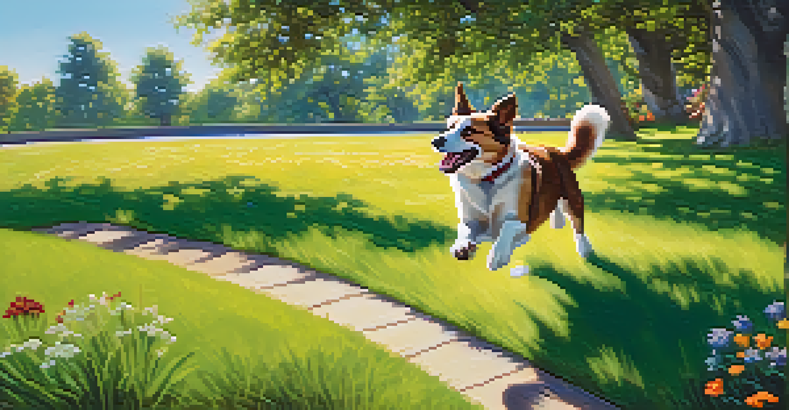 A joyful dog leaping in a sunny park filled with green grass and colorful flowers under a blue sky.