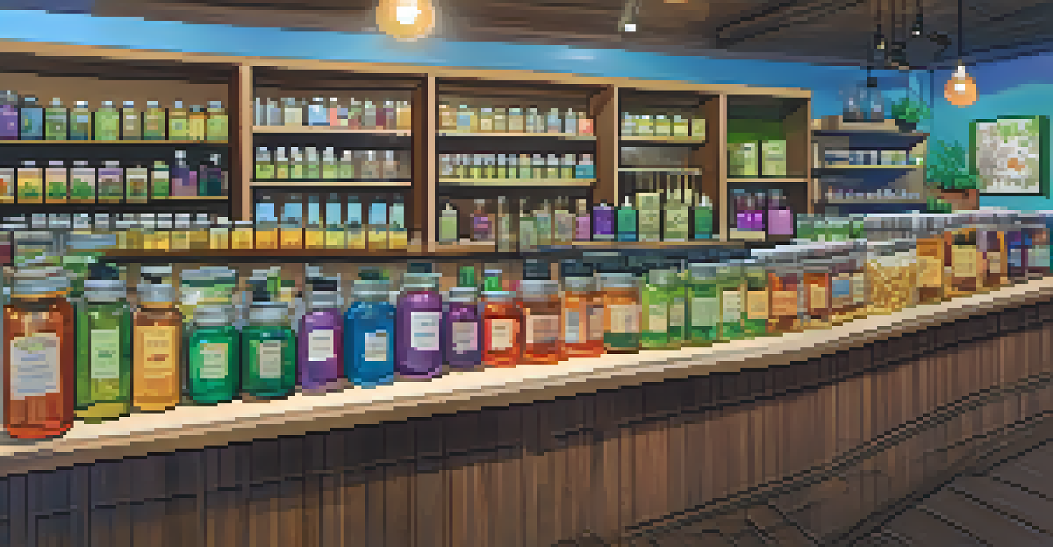 Interior of a local dispensary showcasing colorful cannabis products and engaged customers.