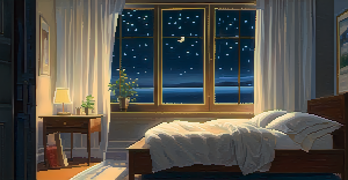 A cozy bedroom at night with a softly lit bedside lamp, a neatly made bed, and a starry sky visible through a window.