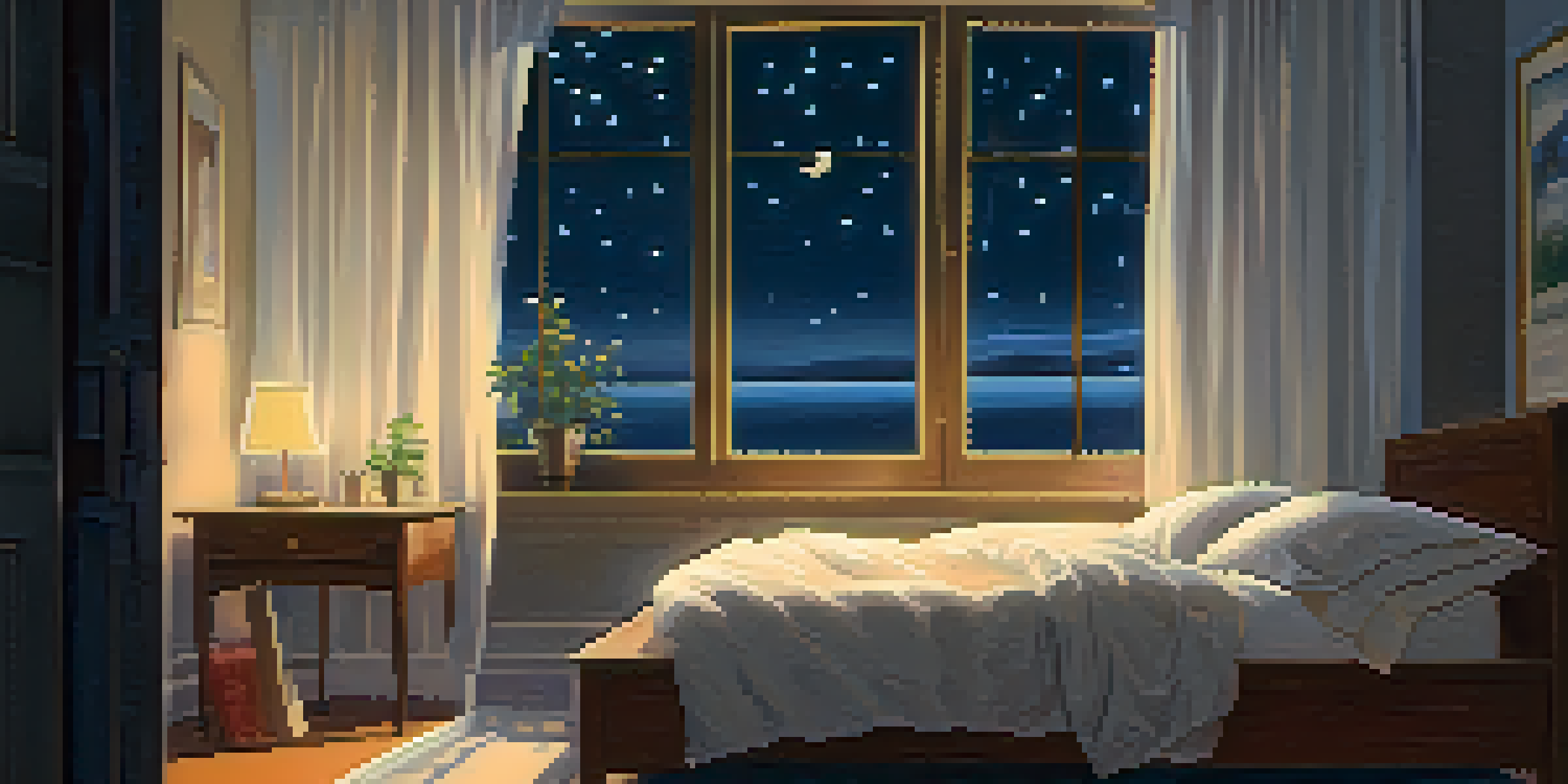A cozy bedroom at night with a softly lit bedside lamp, a neatly made bed, and a starry sky visible through a window.